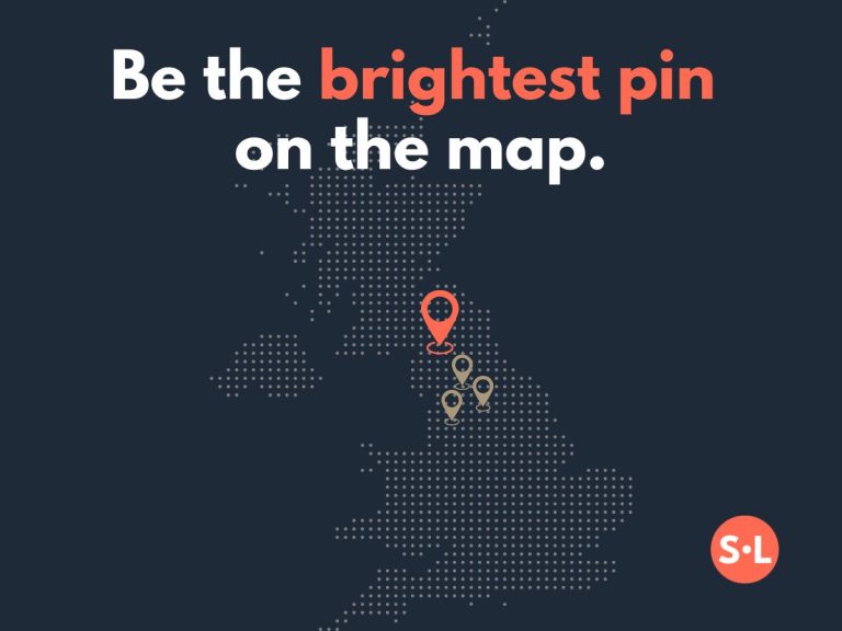 A graphic of a UK map with local pins on representing how to get found on google using local seo with Spotlight Lane in Nottingham