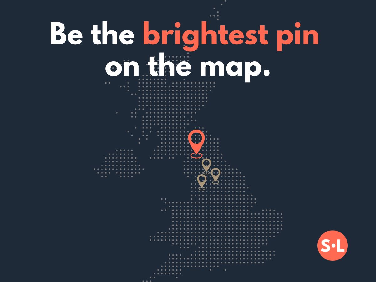 A graphic of a UK map with local pins on representing how to get found on google using local seo with Spotlight Lane in Nottingham 