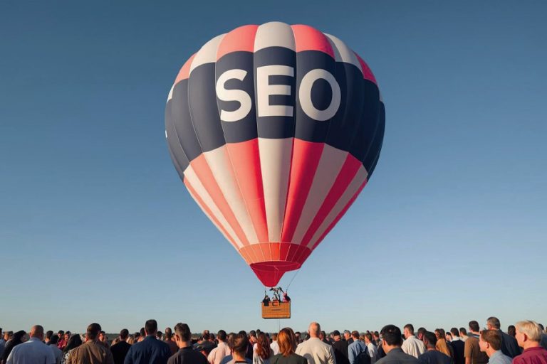 illustration of hot air balloon with SEO on the front and crowd below representing the SEO Foundations used at Spotlight Lane in Nottingham