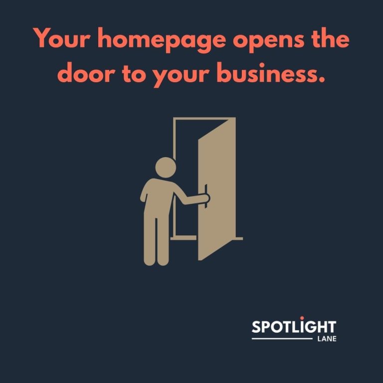 Minimalist illustration of a person opening a door, representing how your homepage opens the door to your business. Designed by Spotlight Lane.