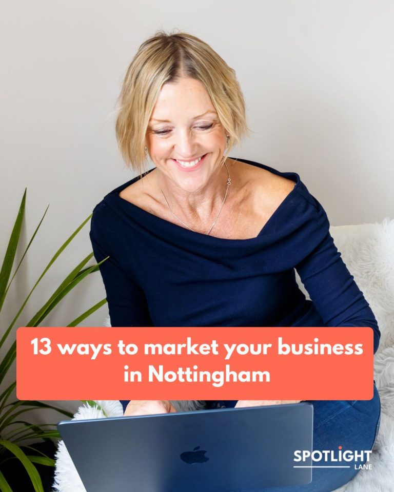 Spotlight Lane's seo consultant sharing on her lap with graphic for 13 ways to market your business in Nottingham